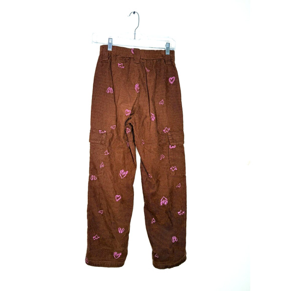 PacSun Brown Corduroy Heart Embroidered Pink High Rise Cargo Straight Pocket XS - Picture 2 of 9